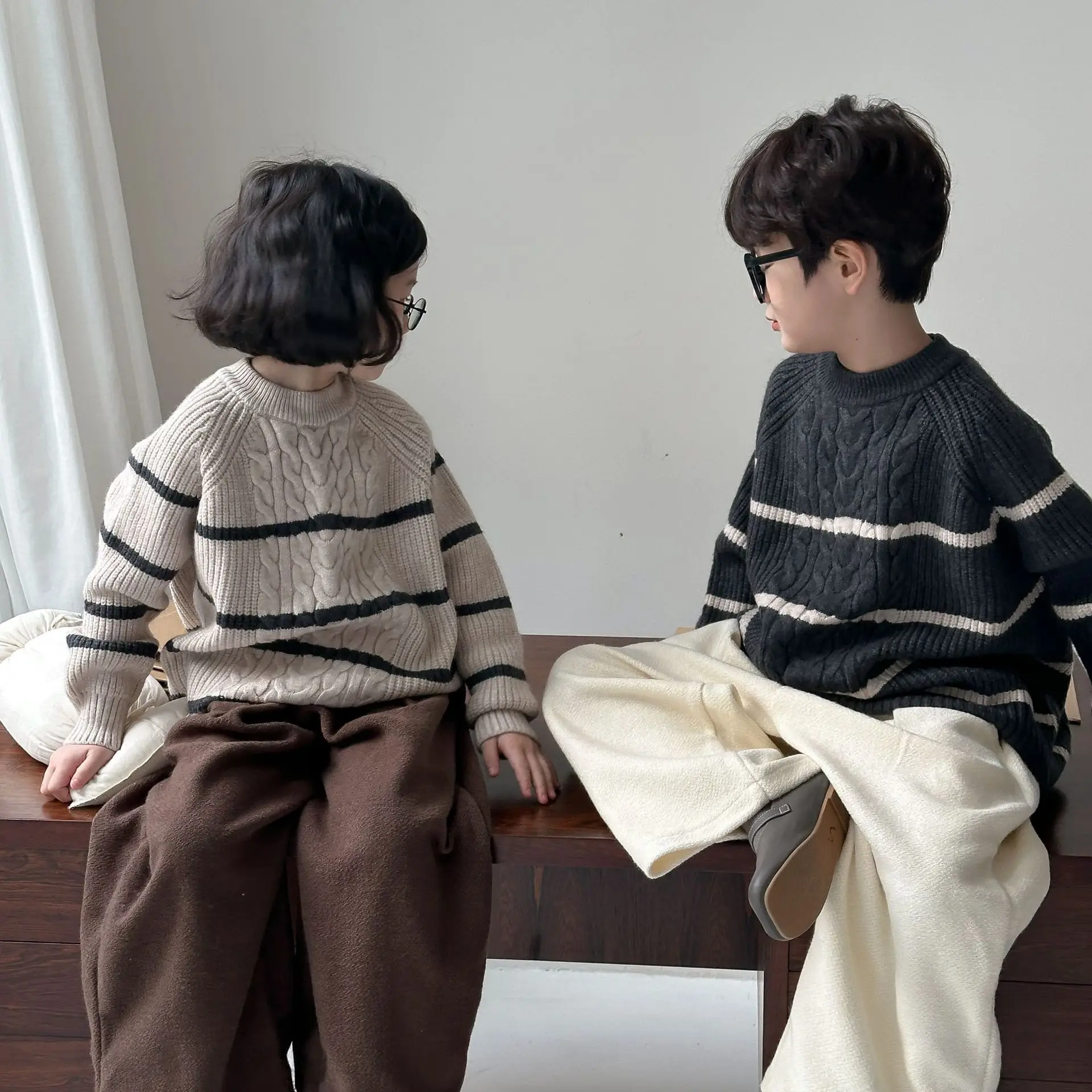 Autumn Winter Children Girl 2PCS Clothes Set Cotton Striped Long Sleeve Knitwear Sweater Suit Solid Thicken Wide Leg Pant Outfit