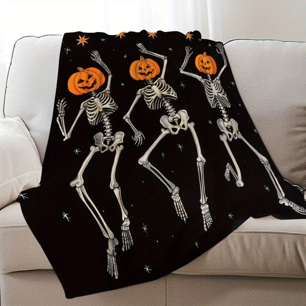 

Festive Halloween Blanket Scary Pumpkin Skeletons Print Halloween Blanket 1pc Soft and Warm Commemorative for Unforgettable