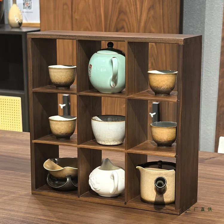 Solid wood teacup lattice rack, Jiugong lattice ,  black walnut, Duobao grid tea set