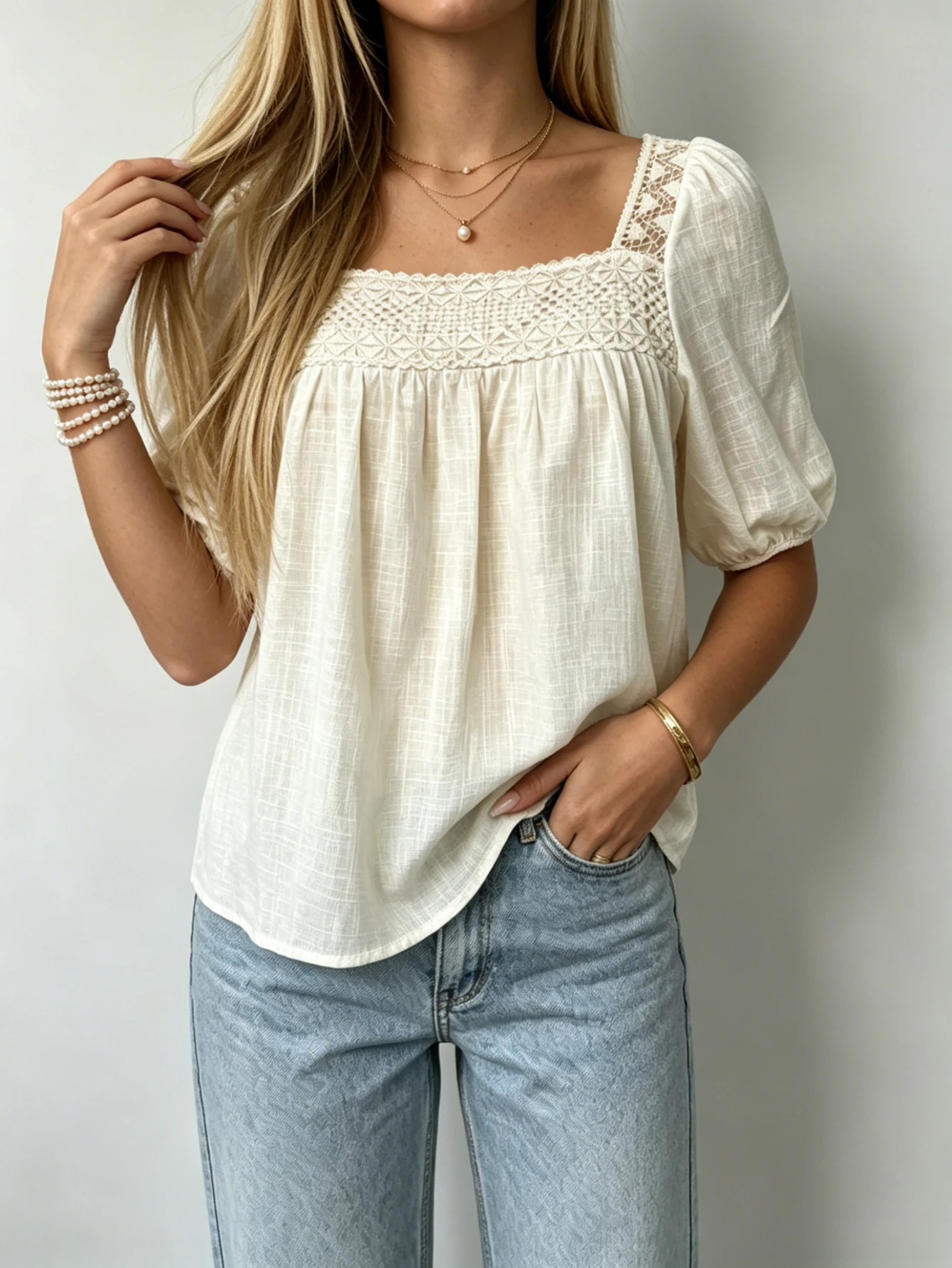 New Summer French Chic Fashion Solid Women's Tops Cream Apricot Sweet Square Neck Blouse Loose Fit Babydoll Top view 3