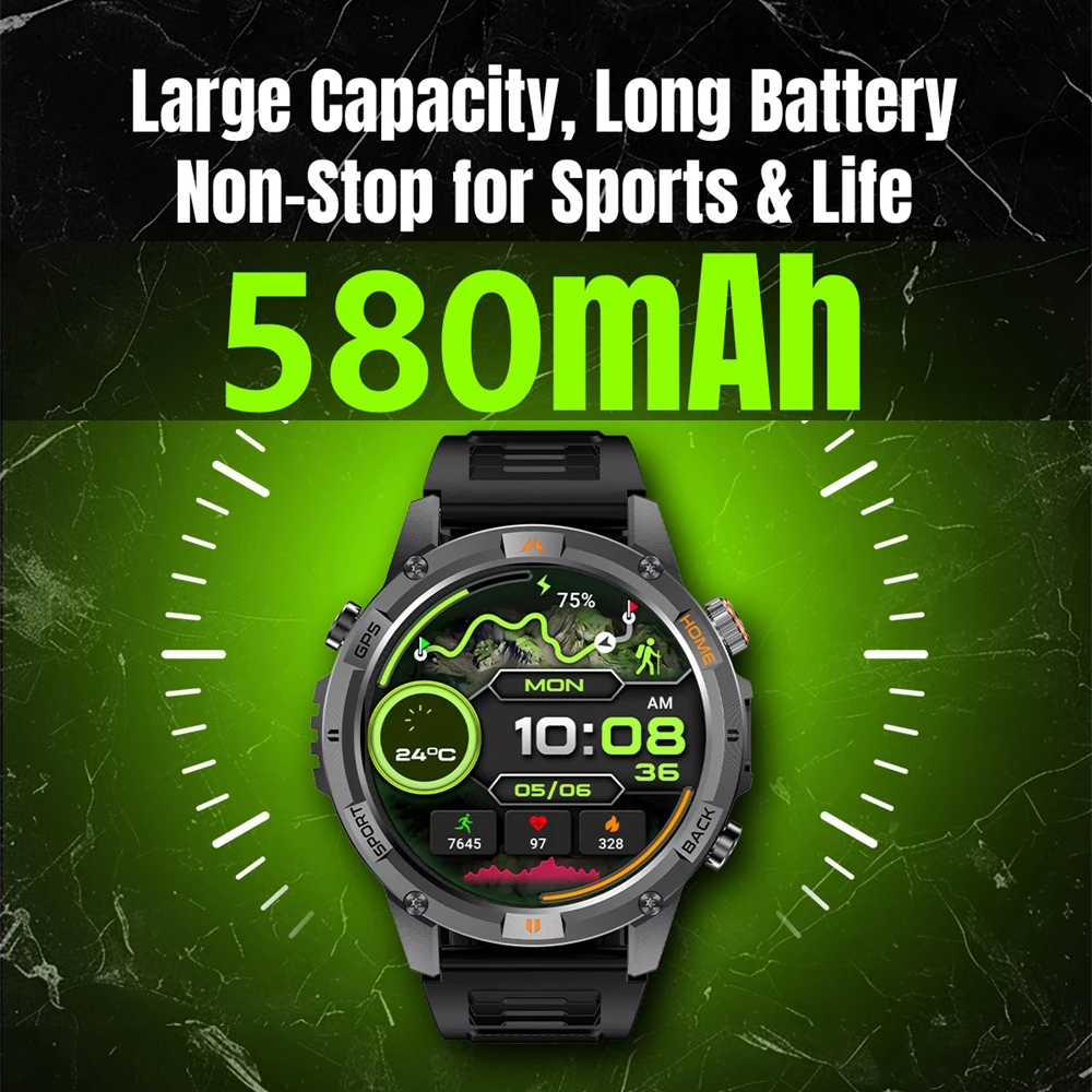 

Smart Watches Men Outdoor Flashlight Compass GPS Watch Blue Tooth Call Waterproof Sports Health Smartwatch 580Mah