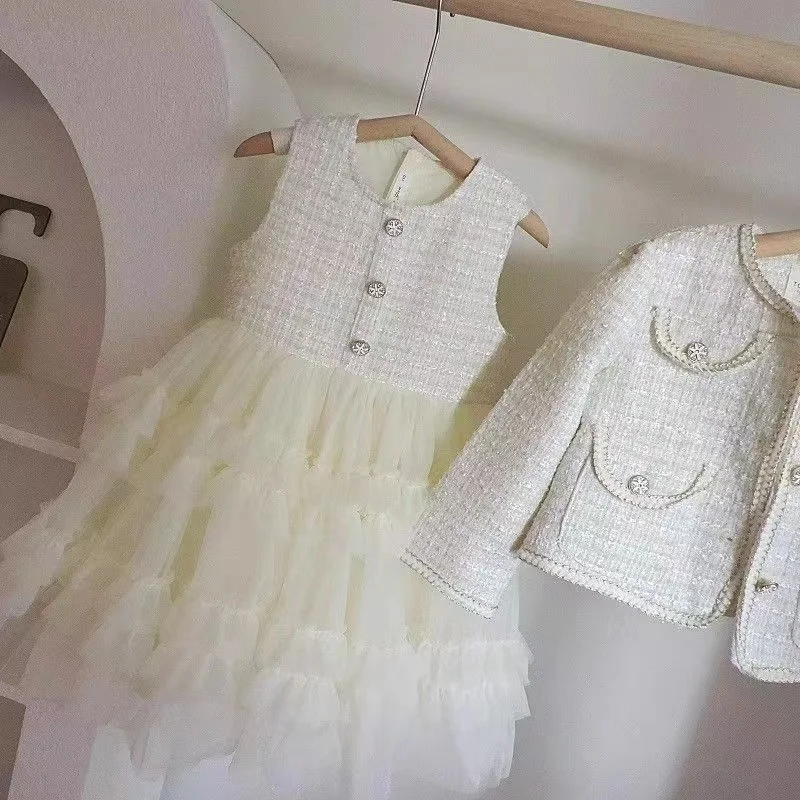 Retail New Baby Girls Teenage Formal Lady Boutique Fashion Sets, Coat + Vest Mesh Dress Princess Elegant Suits Girl 3 5 7 9 11 T