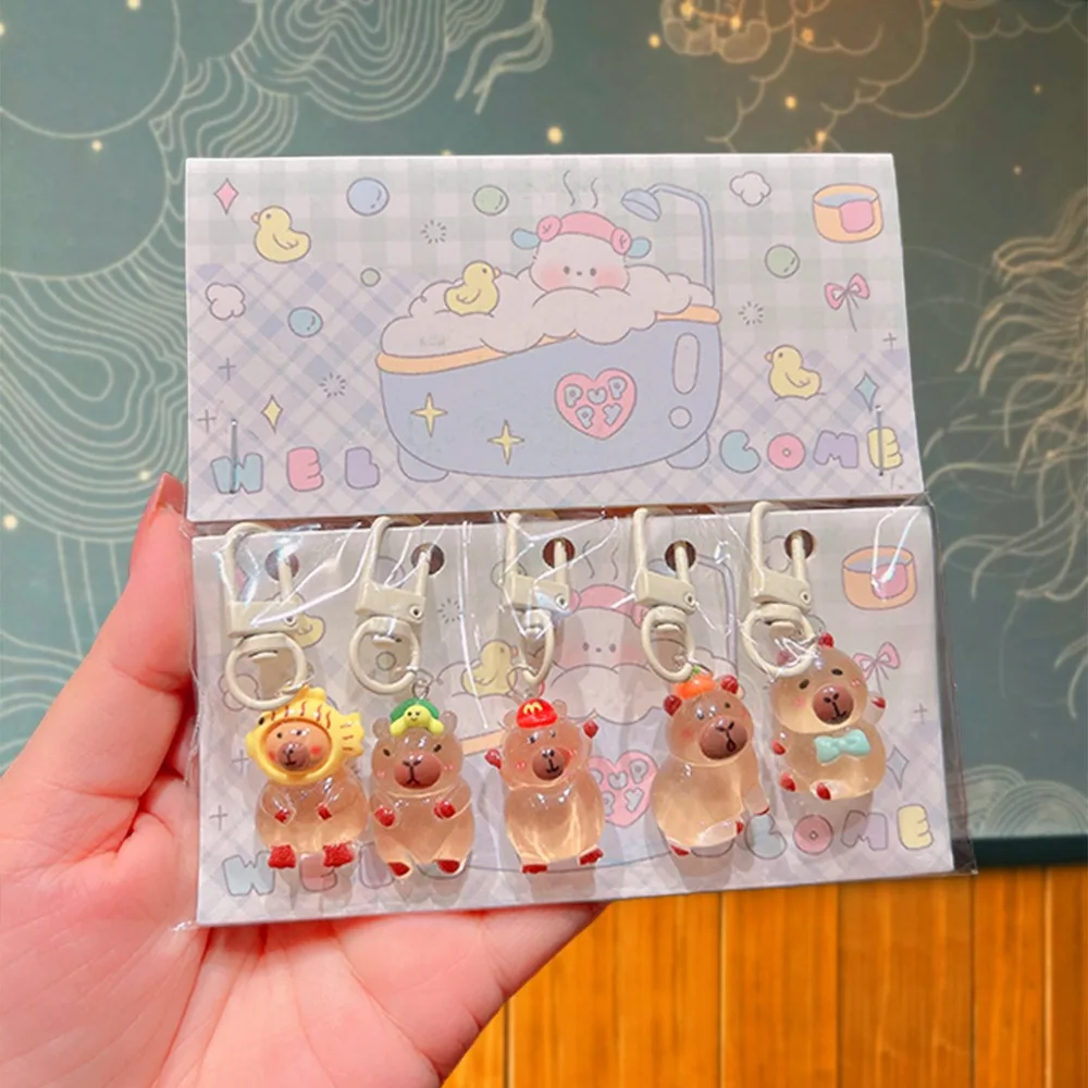 سلسلة مفاتيح كرتونية كابيبارا ، حلقة مفاتيح على شكل حيوانات لطيفة ، إكسسوارات تزيين حقائب ظهر إبداعية ، هدية ذاتية الصنع ، Kapibala ، 5 في كل مجموعة