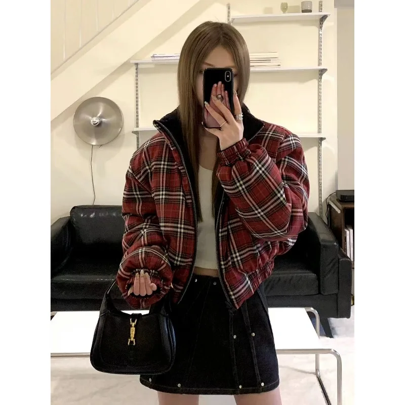 2024 New Winter Short Style Solid Color Versatile Double Sided Parkas for Women Black Red Grid Cotton Jacket Female Clothing