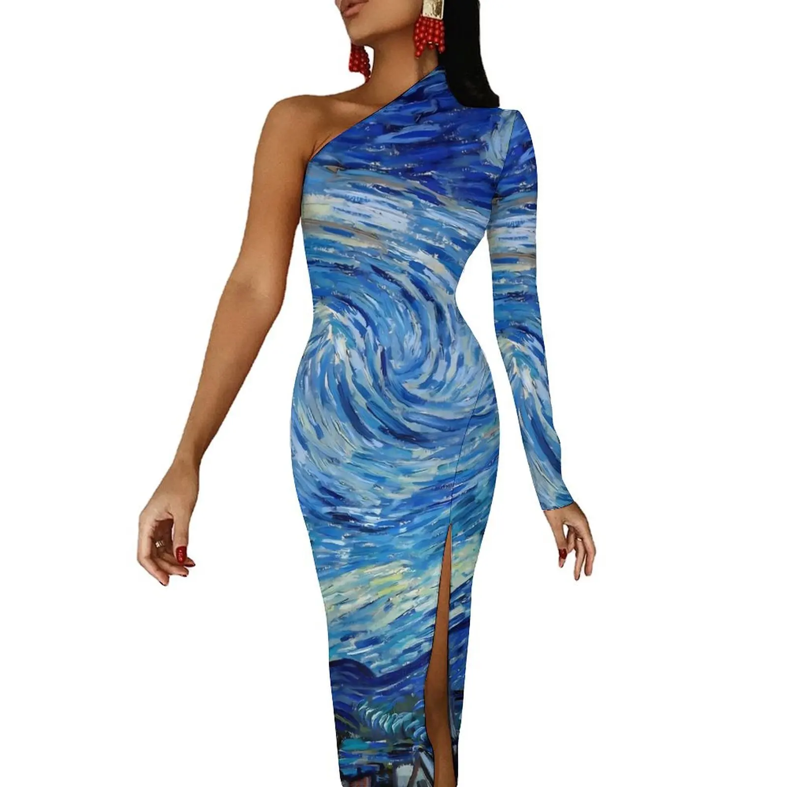 

Van Gogh Oil Painting Bodycon Dress Women Starry Night Sexy Maxi Dress One Shoulder Street Wear Graphic Dresses Birthday Present