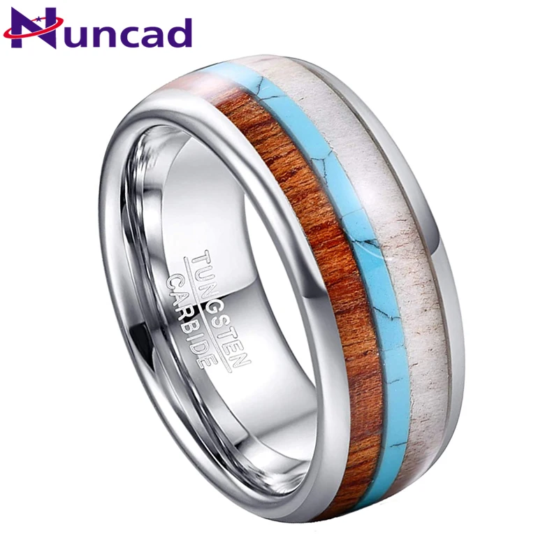 Deer Antlers Green Turquoise Stone Wedding Rings For Men High Polish Dome Wood Men Tungsten Carbide Ring size 7/8/9/10/11/12