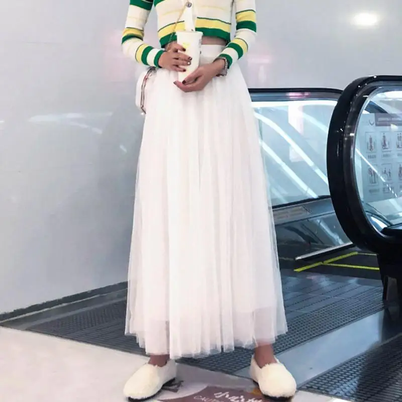 伸縮性ウエスト 3 層メッシュロングスカートエレガントヴィンテージハイウエストボールガウンガーゼチュチュスカート女性ファルダス