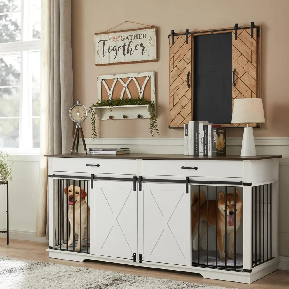 

72.5" Large Dog Crate Furniture for 2 Dogs, Wooden Dog Kennel with Drawers, Divider, Sliding Barn Door, Water Resistant Indoor