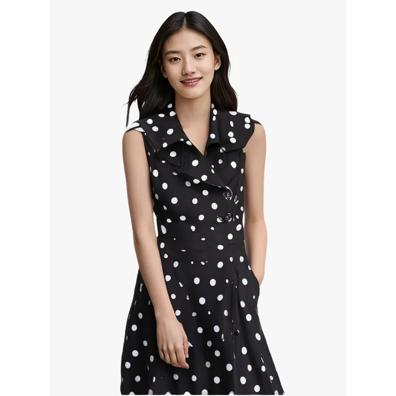 

Fashion Turn-Down Collar Sleeveless A-Line Dresses With Belt Women Polka Dot Black Dress