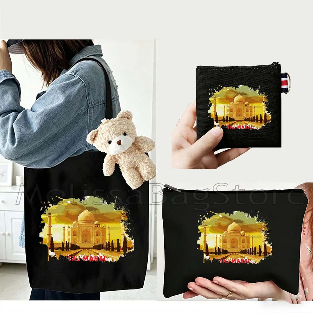 4PCS Gifts Set Colosseum Italy White Canvas Tote Bag Handbag with Doll Key Coin Purse Cosmetic Makeup Toilet Bag Case Pouch