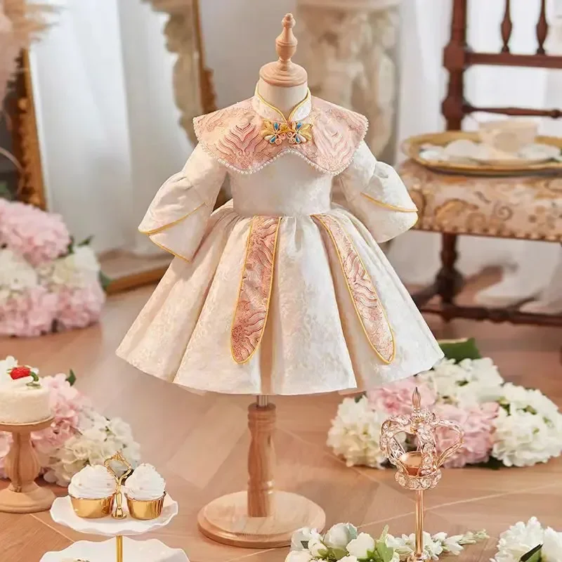 Girls' New Stylish High-Quality Embroidered Shawl One-Year-Old Little Host Party Pearl Princess Dress