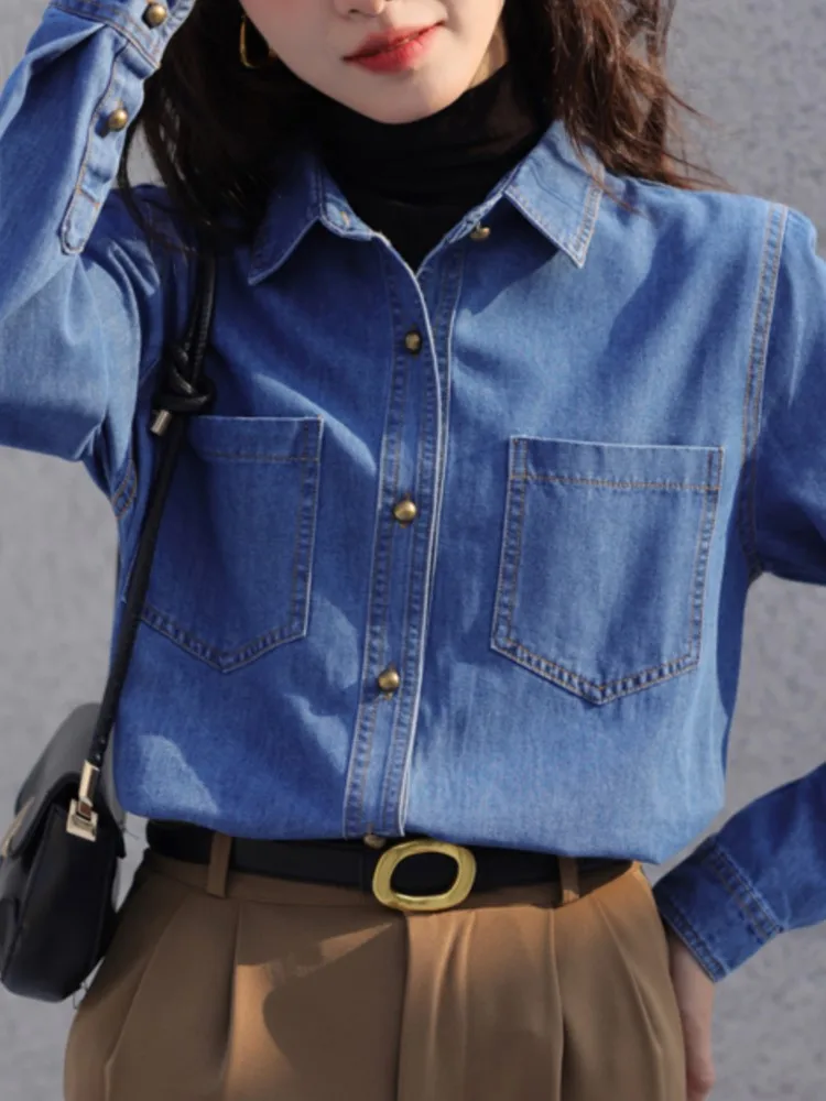 Retro Blue Shirt Denim Shirt for Women Autumn New Design Shirts Long Sleeved Solid Single Breasted Jeans Jacket for Women