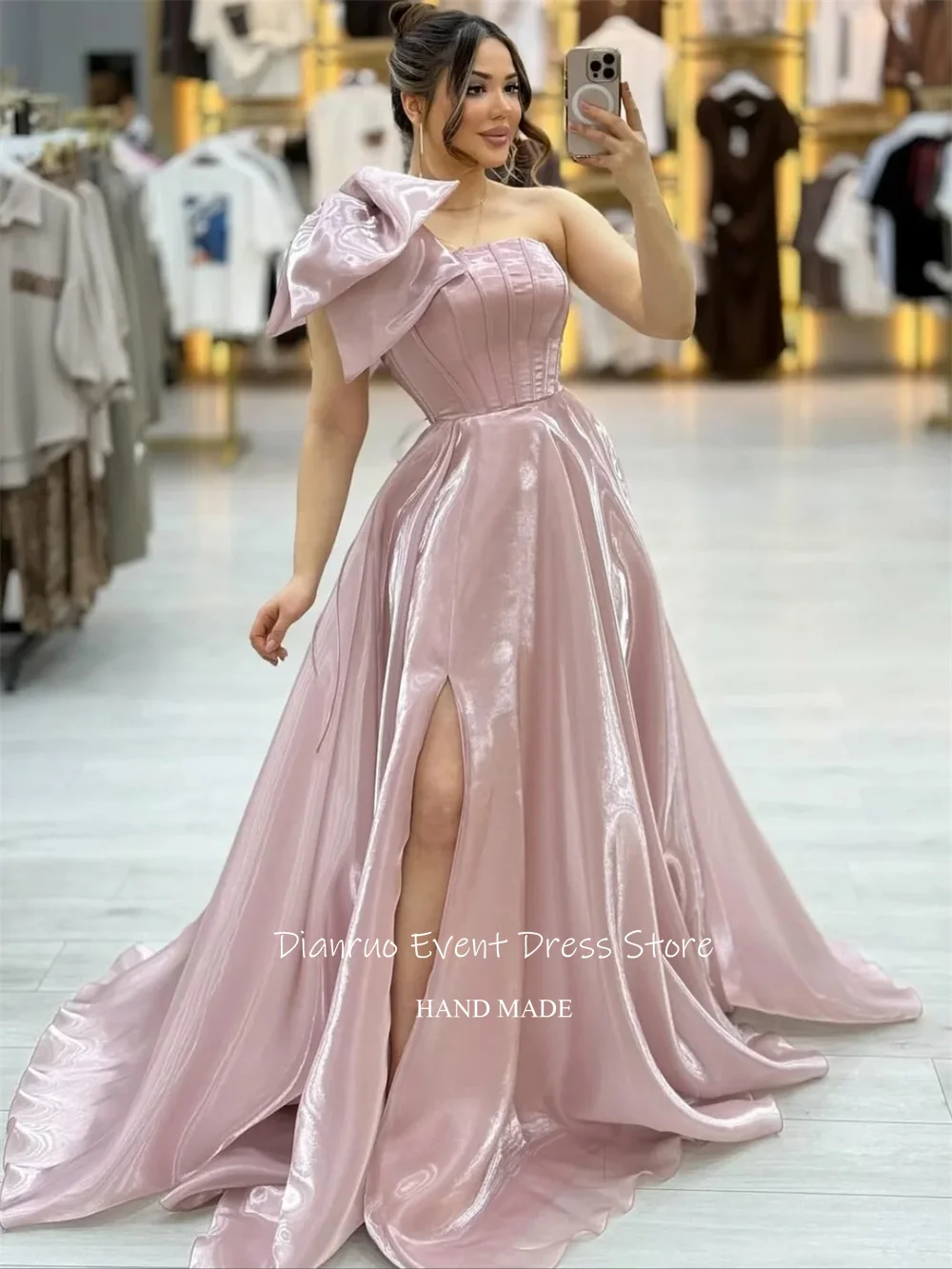 Dianruo فساتين سهرة رشيقة بكتف واحد من الساتان بفتحة جانبية فيستدوس دي فييستا بفيونكة على شكل حرف A وأربطة فساتين لحضور الحفلات الموسيقية الطويلة حسب الطلب