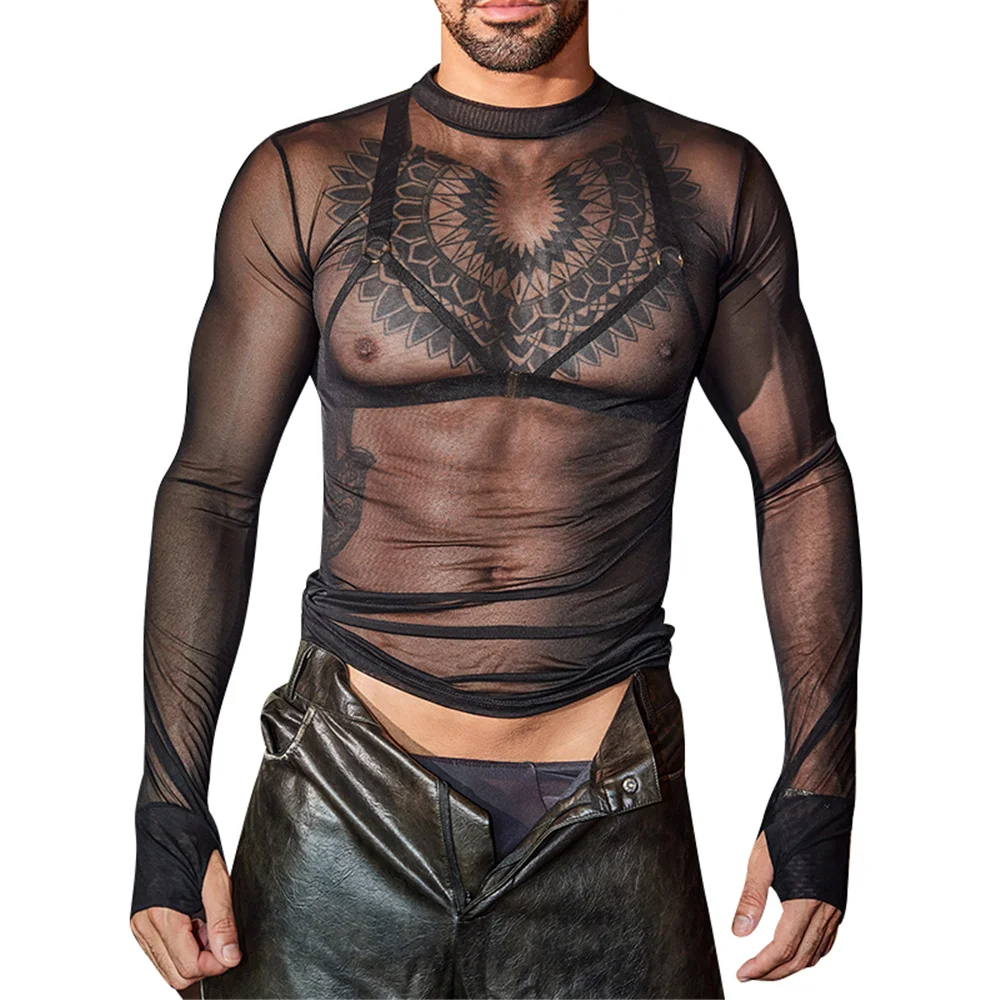 Sexy Men Oil Glossy Shiny Tight T-shirt Thin Sheer See Through Elastic Tops Breathable Pajamas Smooth Top Night T-shirt
