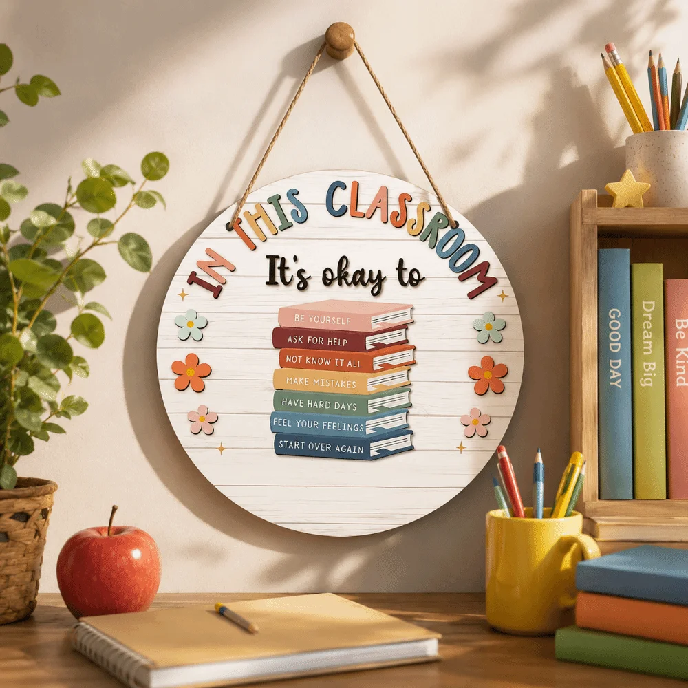 2D Flat Welcome Sign Colorful Round Wooden Classroom Door Sign Ornaments Decoration School Door Hanging Teacher Appreciation