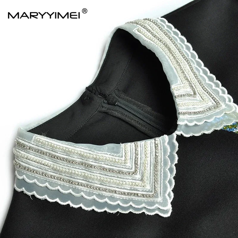 MARYYIMEI Autumn Women Dress Beaded turn-down collar Rose Embroidery Hot drilling Black Slim Package hip Elegant Mermaid Dresses