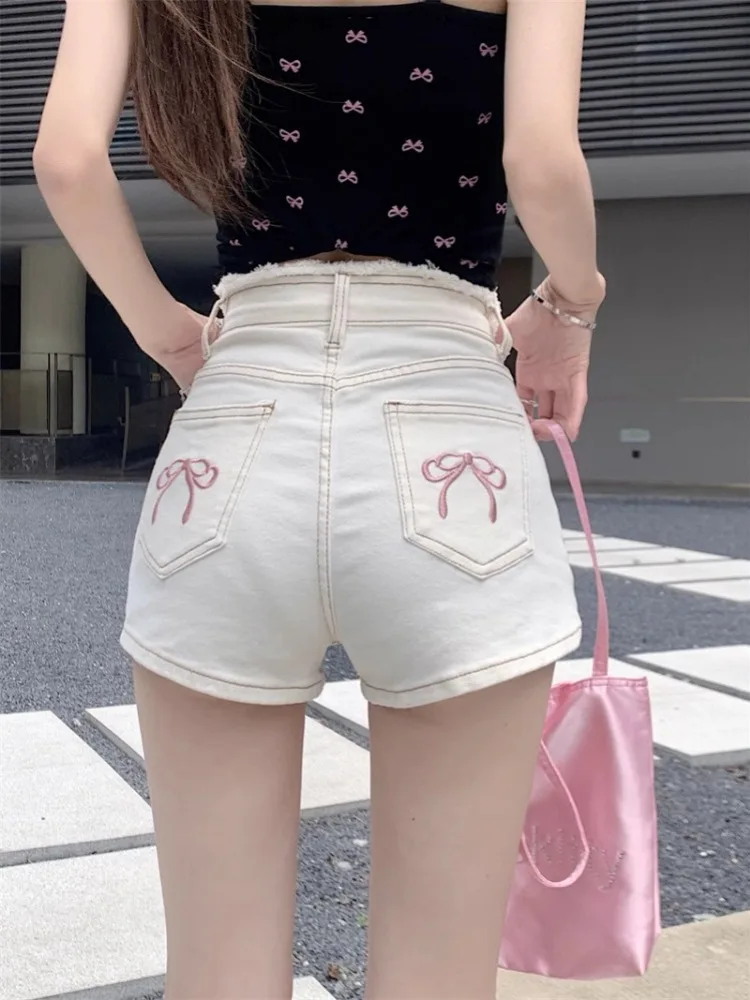 ADAgirl Bow Embroidery Cowboy Shorts for Women Washed High Waisted Wide Leg Short Pants Summer Sexy Girl Fashion Slim Jeans Chic