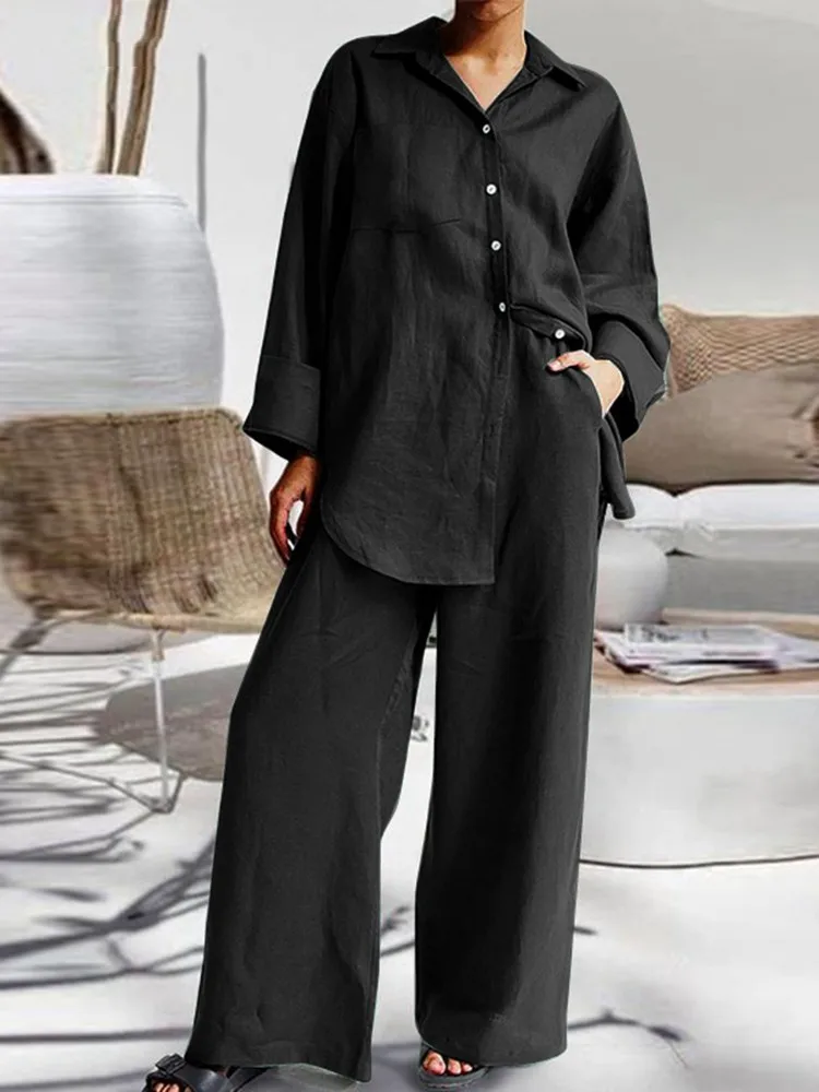 2024 Cotton Set Women\'s Suit Casual Lapel Shirt Top Blouse Loose Trouser Two-piece Set For Women Elegant Outfits Pants Women\'s