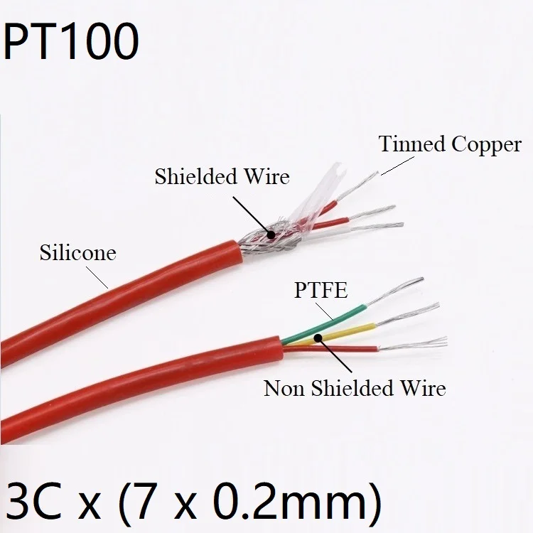 PT100 Thermocouple Wire Silicone OD 4.5mm PTFE Insulated 3Cores Tinned Copper Stainless Steel Shielded Compensation Cable Red