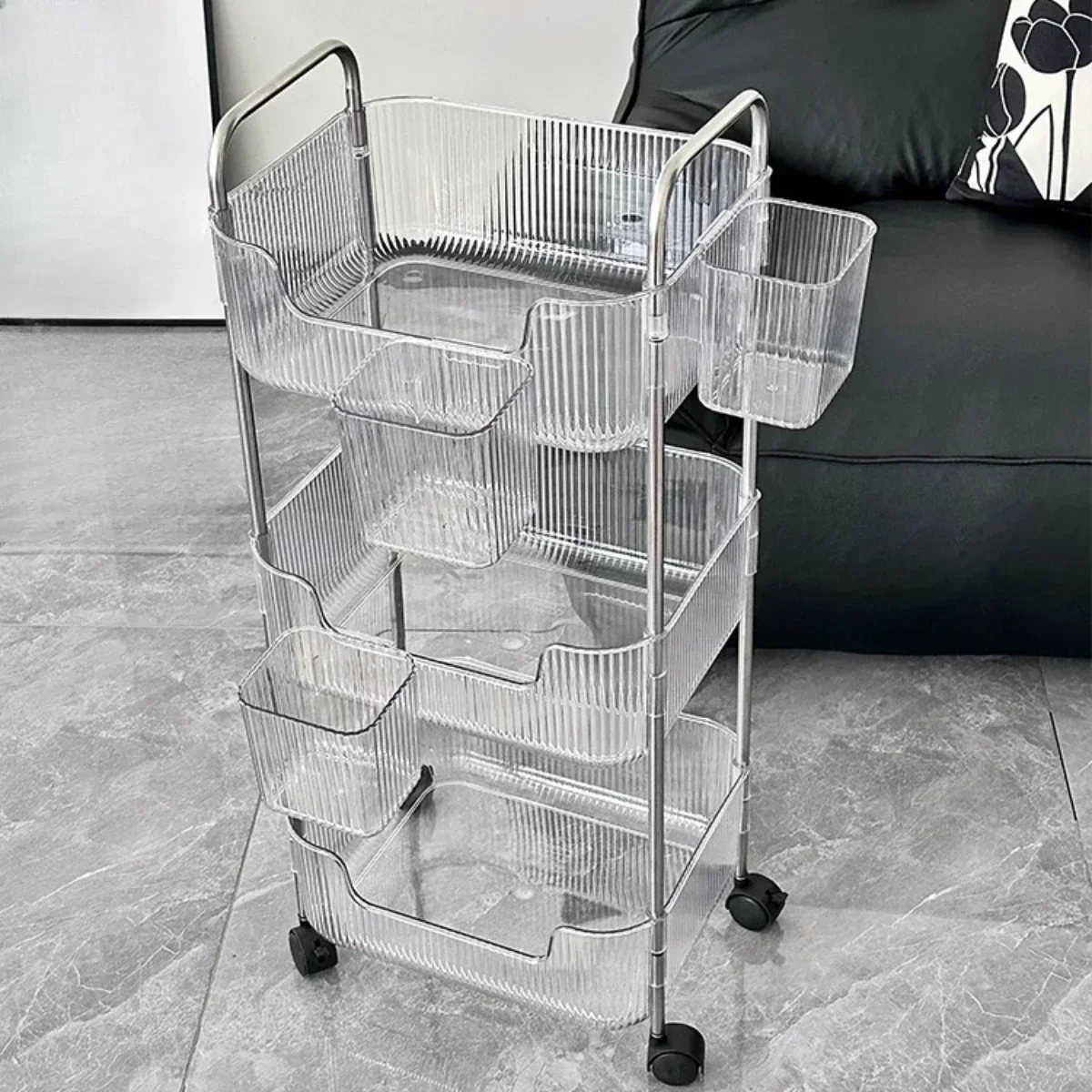 

Multilayer Acrylic Rolling Trolly Cart Movable Storage Organizer with Hanging Basket Storage Rack Trolly shelf Kitchen Organizer