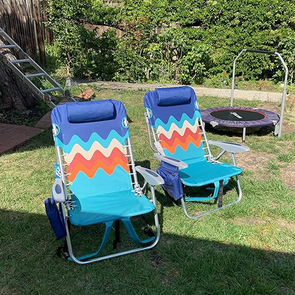 Beach Chairs Set of 2 with Cooler Bag 4 Position Classic Lay Flat Folding with Backpack Straps Support, Foldable Chair