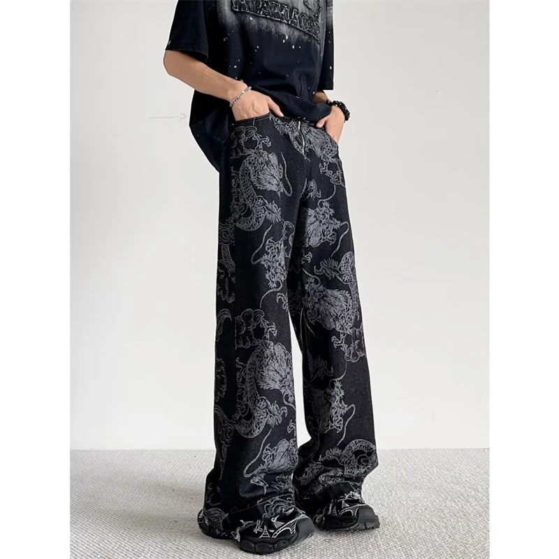 

Women's Chinese Dragon Pattern Design Unisex Jeans Cool Girl High Waist Bottoms Wide Legs Pants Female Baggy Denim Trousers