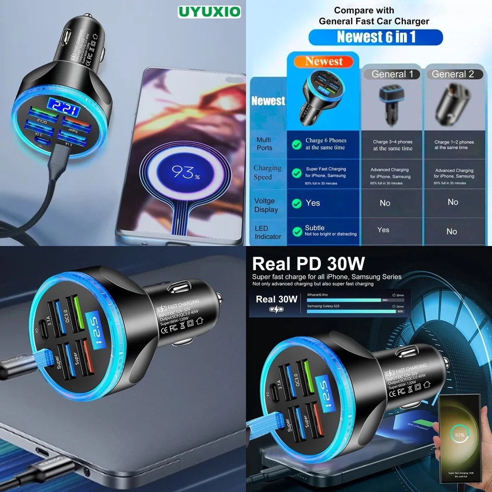 6 Ports Fast Charging LED Digital Display Super Fast for iPhone 17 16 15 14 Pro Max Plus Type C USB C PD 30W Plug Car Charger