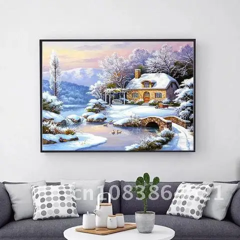 AZQSD 5d Diamond Painting House Snow Diamond Embroidery Winter Landscape Gift Home Decor Picture Of Rhinestones Needlework