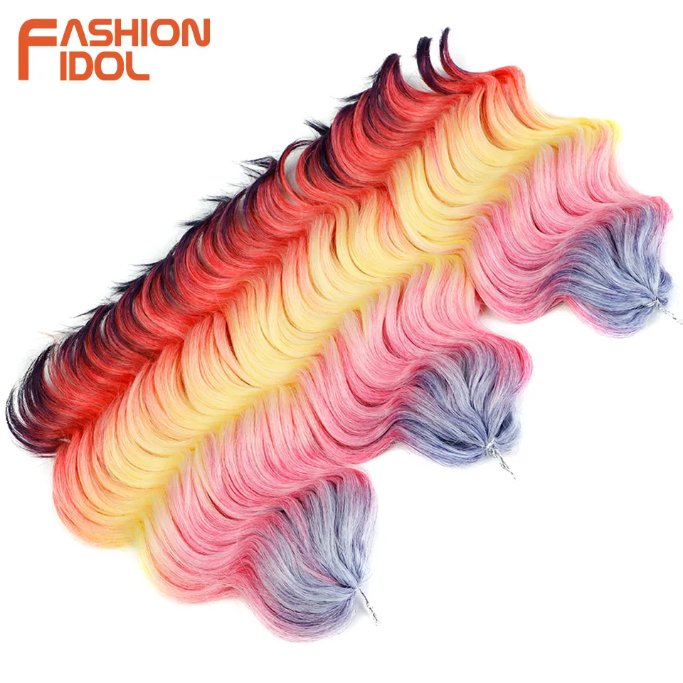 FASHION IDOL 300g 3PCS 16 Inch Deep Wavy Crochet Hair Synthetic Crochet Braids Ombre Orange Red Rainbow Braiding Hair Extensions