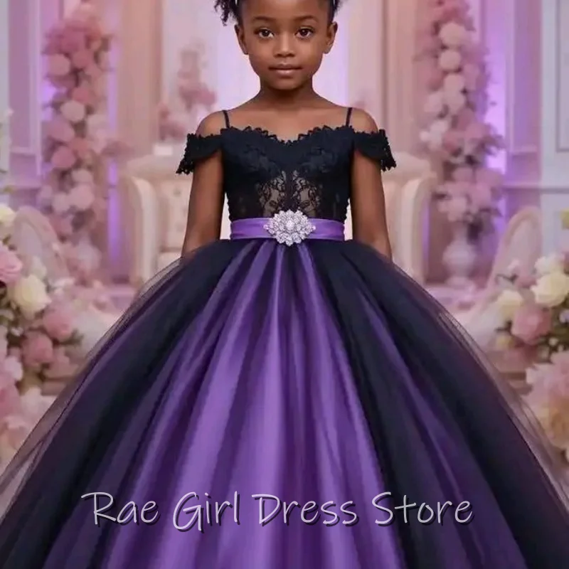 Off Shoulder Flower Girl Dress Puffy Layered Purple Tulle Floor Length Kids Formal Gowns For Wedding Photo Shoot Customized