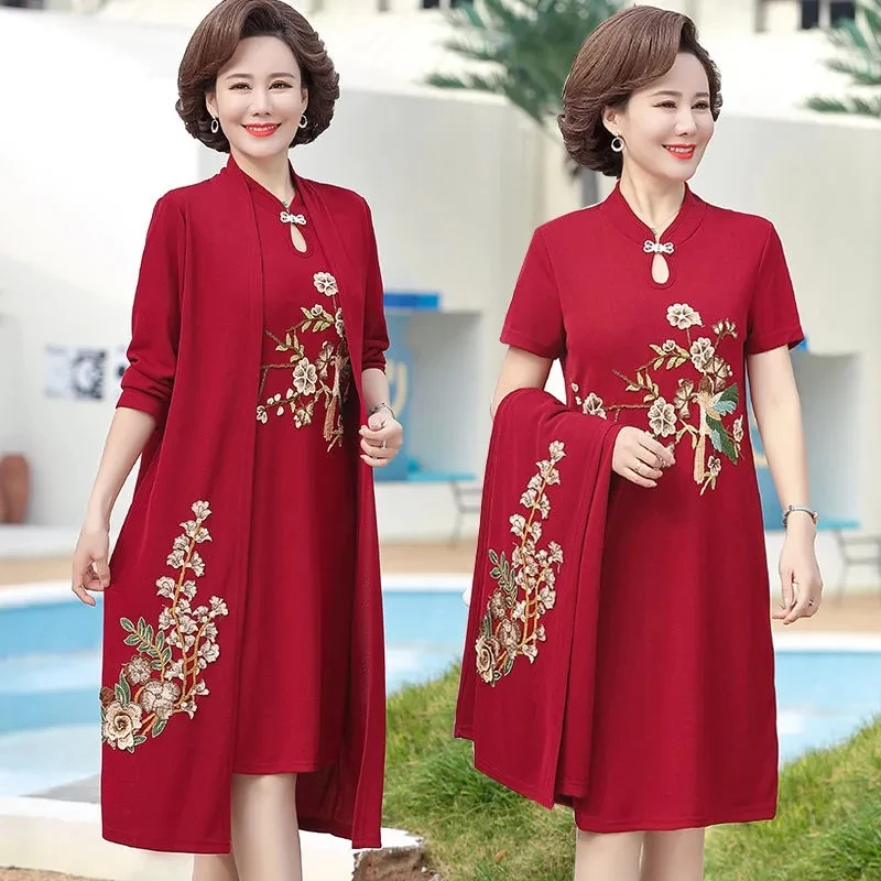 2023 Women Dress 2 Piece Set Spring Elegant Cheongsam Dress Knitted Cardigan Coat Middle-aged Mother Embroidered Dress Suit 5XL