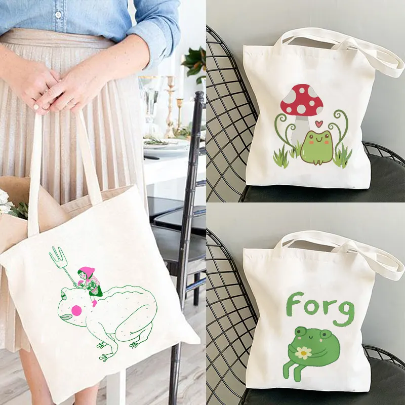 Harajuku Cottagecore Toadstool Magic Frog Tote Bag Mushroom Tote Bag Shopping Gift Kawaii Cute Cotton Tote Shopper Canvas Totes