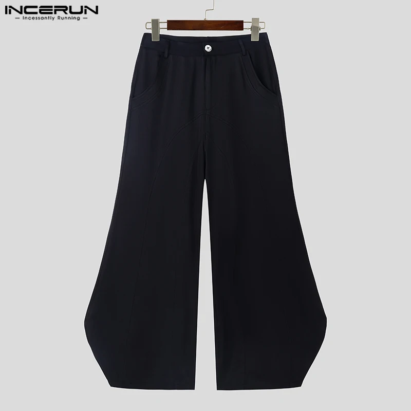 INCERUN 2024 Korean Style Trousers Men's Loose Split Line Design Wide Leg Pantalons Fashion Streetwear Solid Flared Pants S-5XL