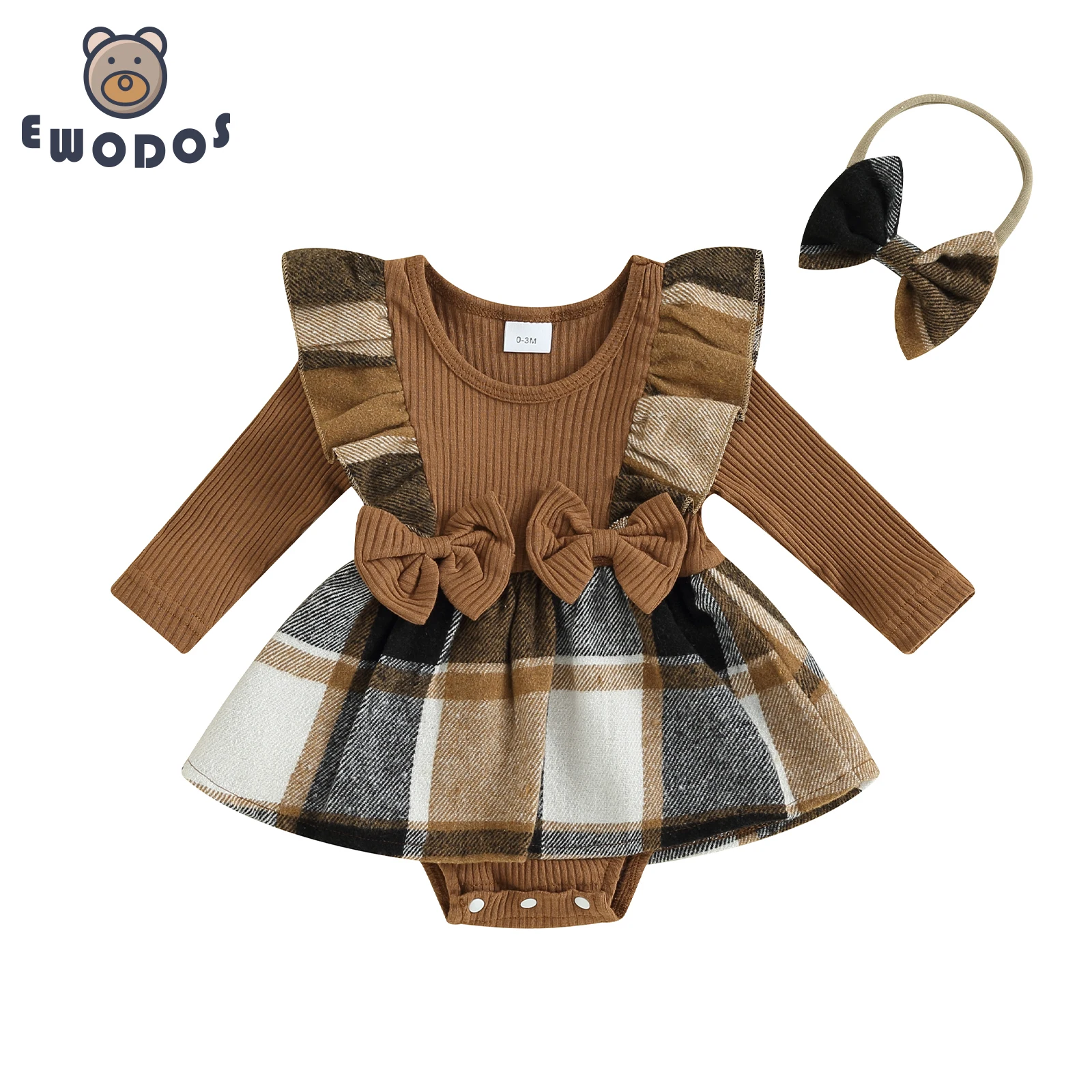 EWODOS Newborn Baby Girls Autumn Bodycon Jumpsuit Dress Long Sleeve Ruffles Houndstooth Print Patchwork Bodysuit with Headband