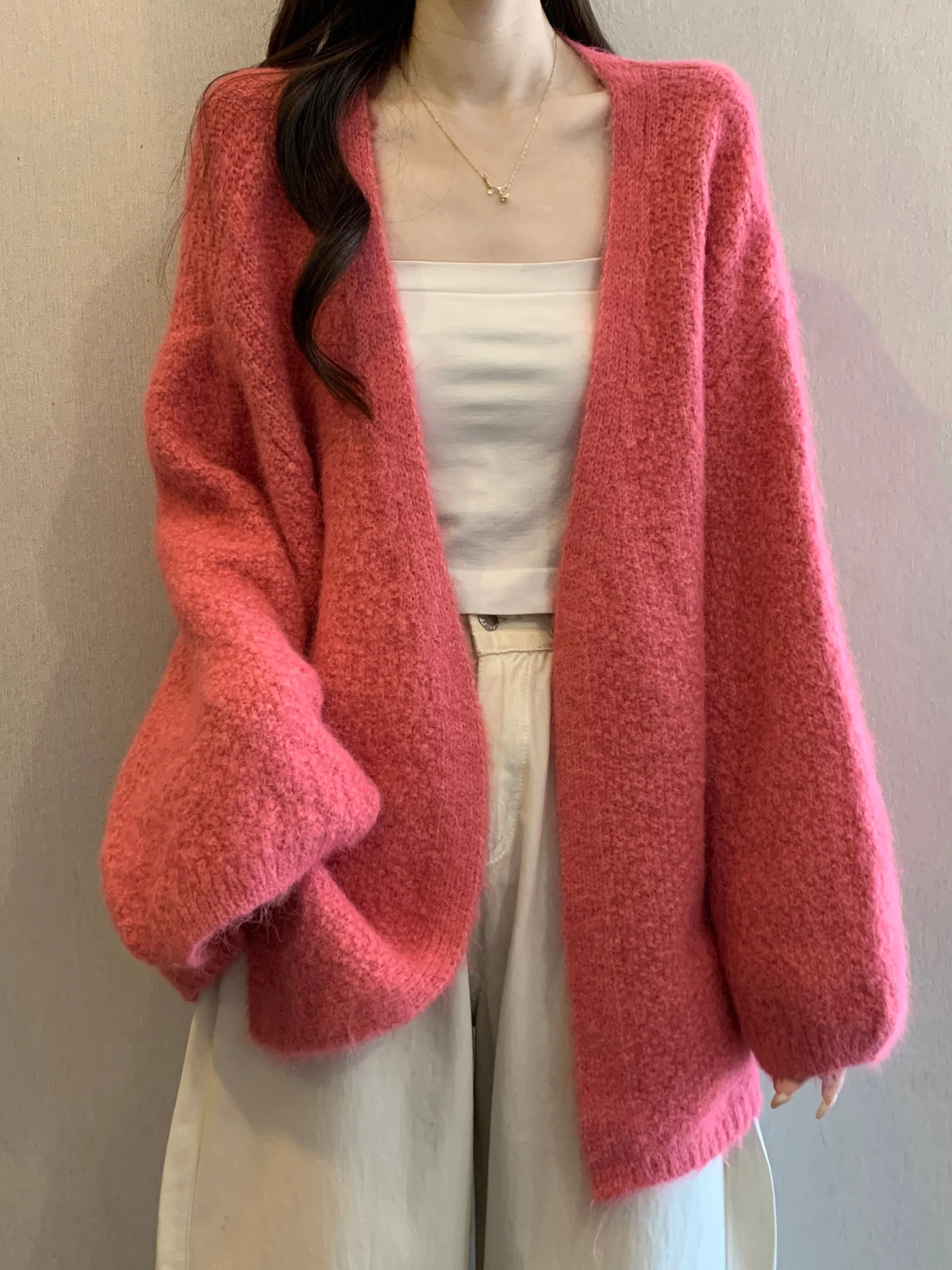 

Розовый вязаный кардиган Dopne, женский свободный крой, повседневный свитер с длинным светом и v-образным вырезом, верхняя одежда для женщин больших размеров