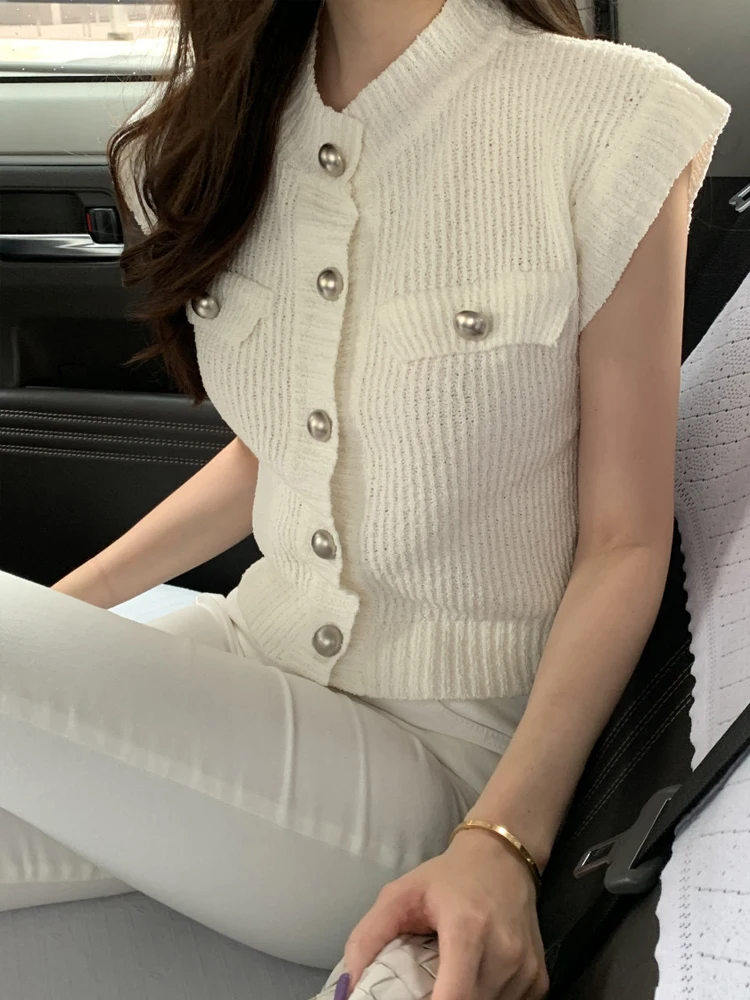 Chic été 2024 tricoté ort Sve femmes mince ouvert Cardigan rond Ne simple bouton Svel haut coréen Sle Slim Fit
