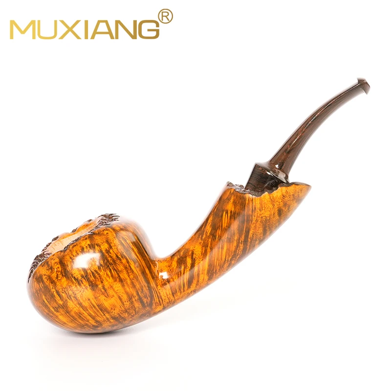 MUXIANG Briar Pipe Long Acorn Shaped Pipe, Bowl Burl Finish, Cumberland Vulcanized Rubber Stem