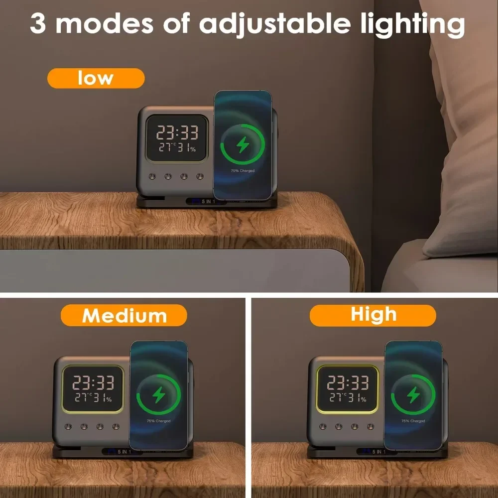 2024 Newest 5-in-1 Qi 15W Quick Magnetic Fast Charging Ugreen Wireless Charger Station with LED Night Lamp and Clock