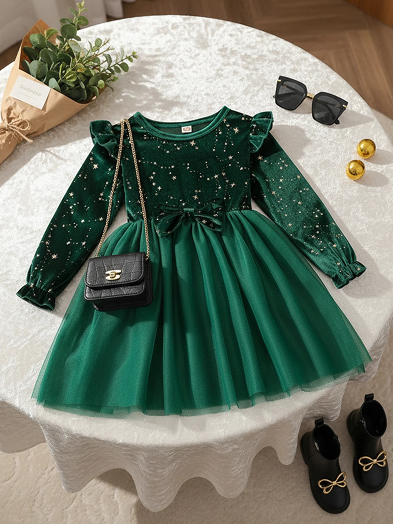 Mädchen Samt Langarm Prinzessinnenkleid Weihnachtssternmuster Herbst Winter Kinderkleidung Kindermode – Detail 5
