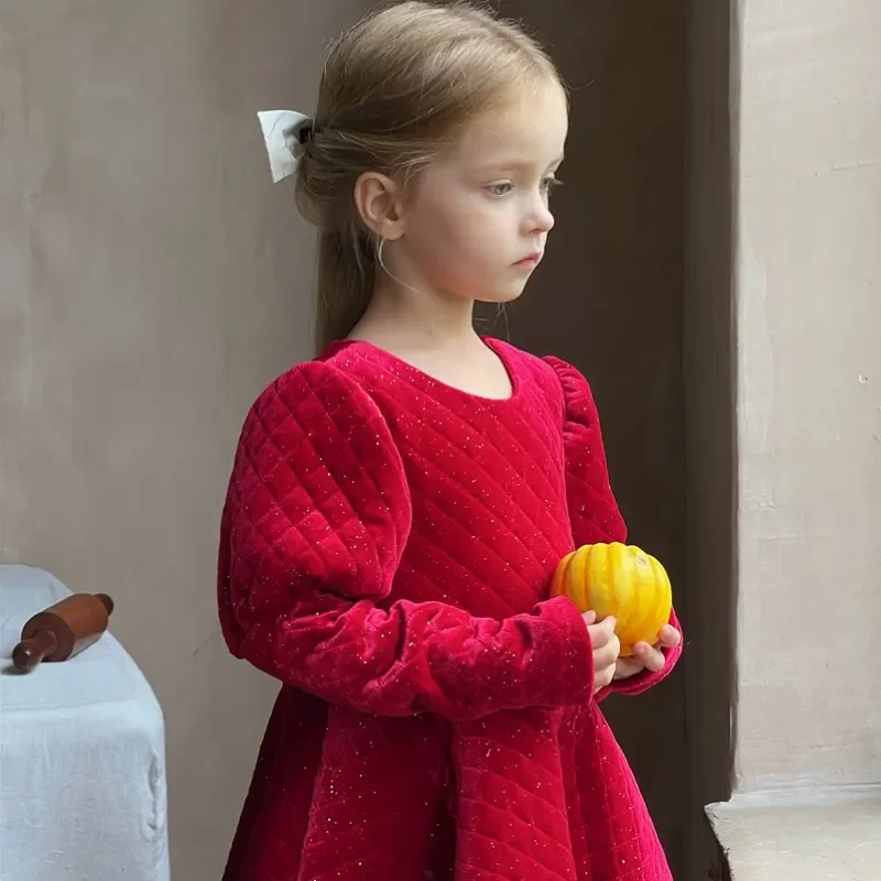 Baby Girl Princess Xmas Red Cotton Padded Long Dress Infant Toddler Child Winter Vintage Puffy Sleeve Thick Baby Clothes 18M-12Y