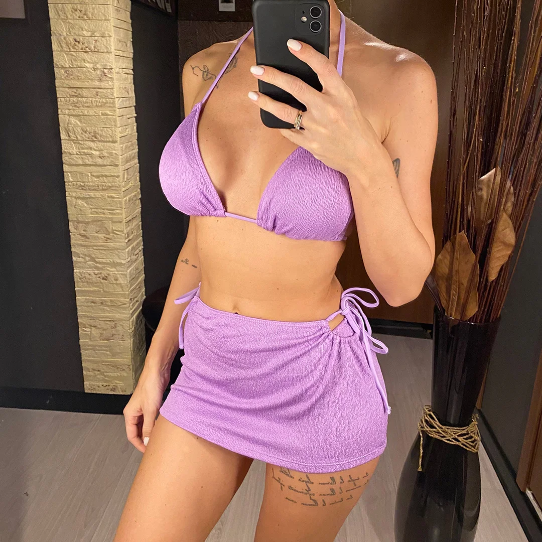 3-teiliges Set mit Rock, geraffter brasilianischer Bikini, Damen-Badebekleidung, dreiteiliger Bikini, Badeanzug, Badebekleidung, Schwimmbekleidung V3923 – Detail 24