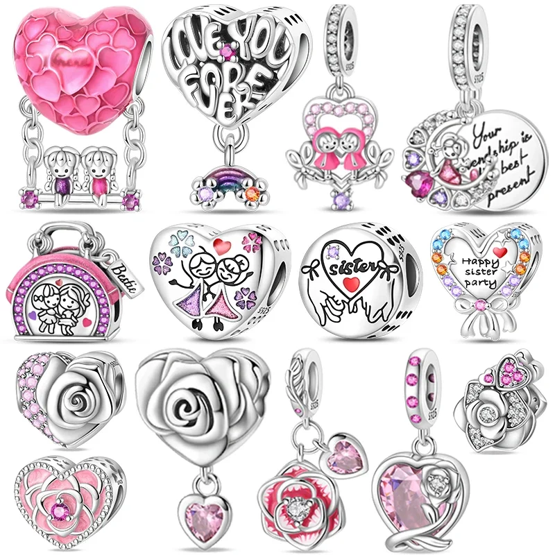 925 Sterling Silver Best Sisters Love Swing Love Forever Bead Sisters Flower Pendant Charms Fit Bracelet DIY Jewelry Gift