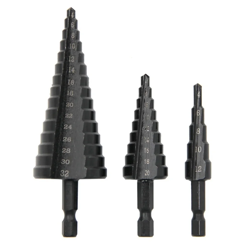 3-teiliger Stufenbohrer, HSS-Sechskantschaft, gerade Nut, schwarzer Stufenbohrer, 3–12/4–12/4–20/4–32 mm, Reibturm-Bohrwerkzeug-Set – Detail 8