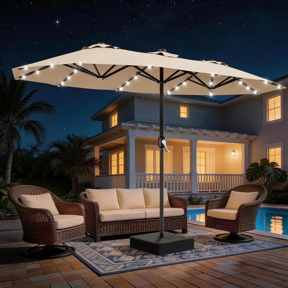 

13-Foot Double-Sided Patio Umbrella with Crank and Lights, Suitable for Outdoor Tables, Ideal for Lawn, Pool, and Backyard, Beig