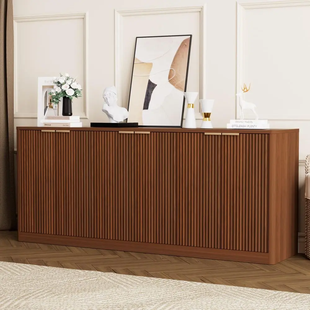 

Буфет-сервант из рифленого орехового дерева с отделениями для хранения, длинный кухонный сервант с 6 дверцами, деревянный сервант в стиле середины века для хранения вещей