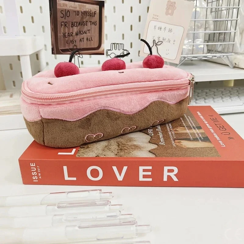 Cute Pencil Bag Plush Cherry Cake Pencil Case Large Capacity Student Stationery Storage for Girls Kids Back to School Gift view 5