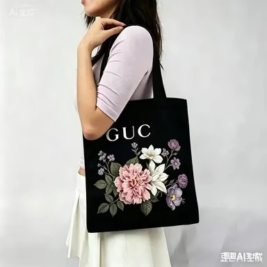 

2026 Black Canvas Tote Bag with Vintage Floral & Letter Print, Elegant Fashionable and versatile with ample capacity
