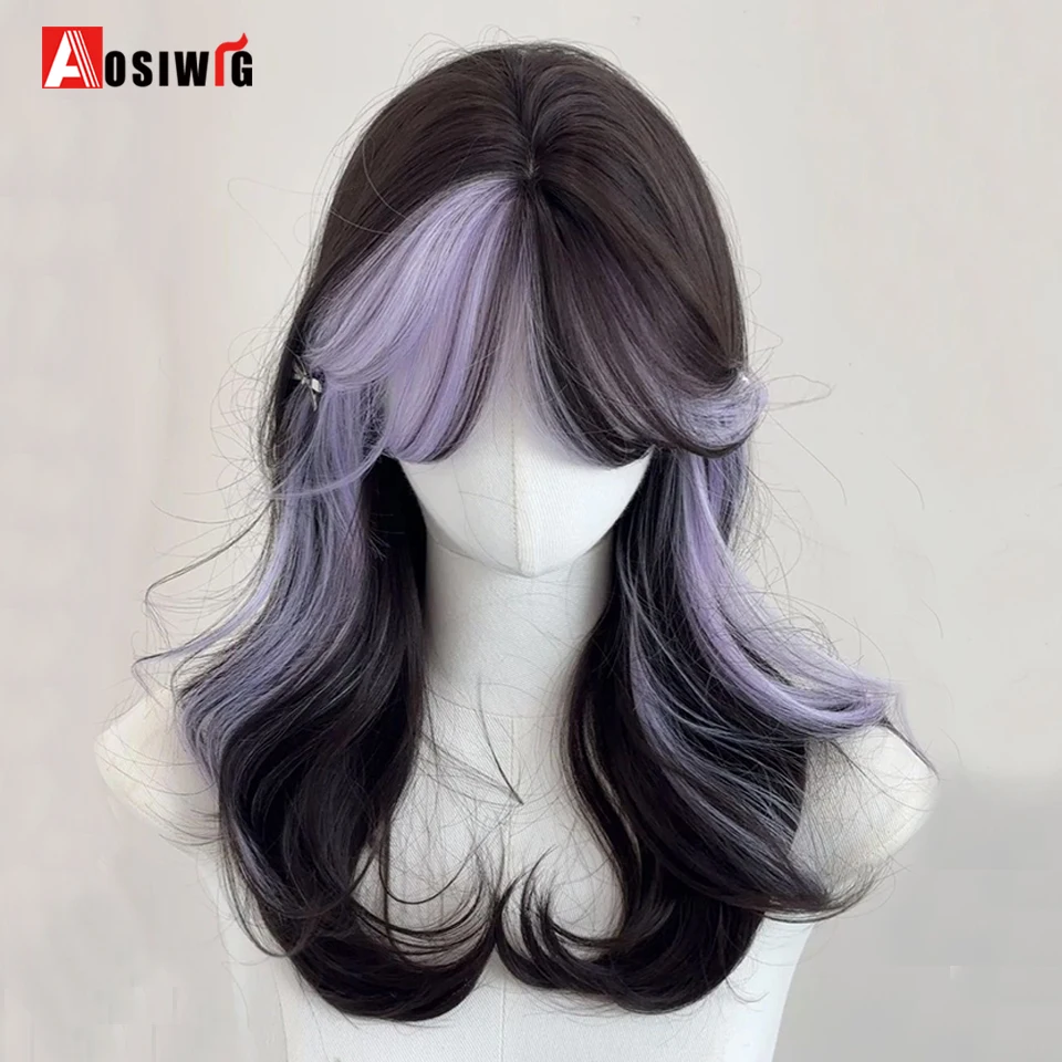 Black Highlight Purple Long Curly Hair With Bangs Synthetic Wig Suitable For Role Playing Women Heat Resistant Party Cosplay Lol