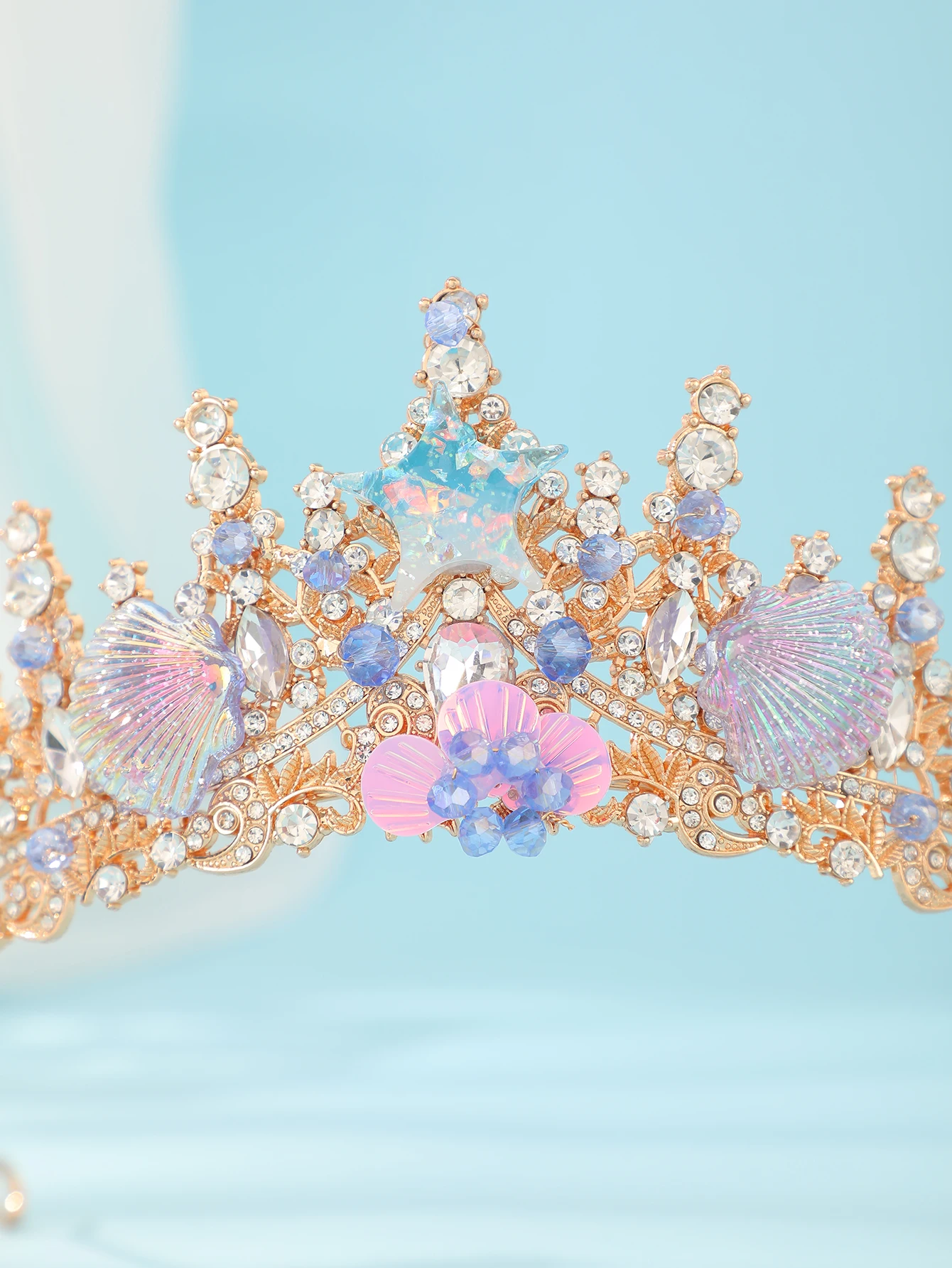 Gold Mermaid Crown with Iridescent Shell & Starfish, Crystal Ocean Tiara, Bridal Beach Wedding Headpiece view 4