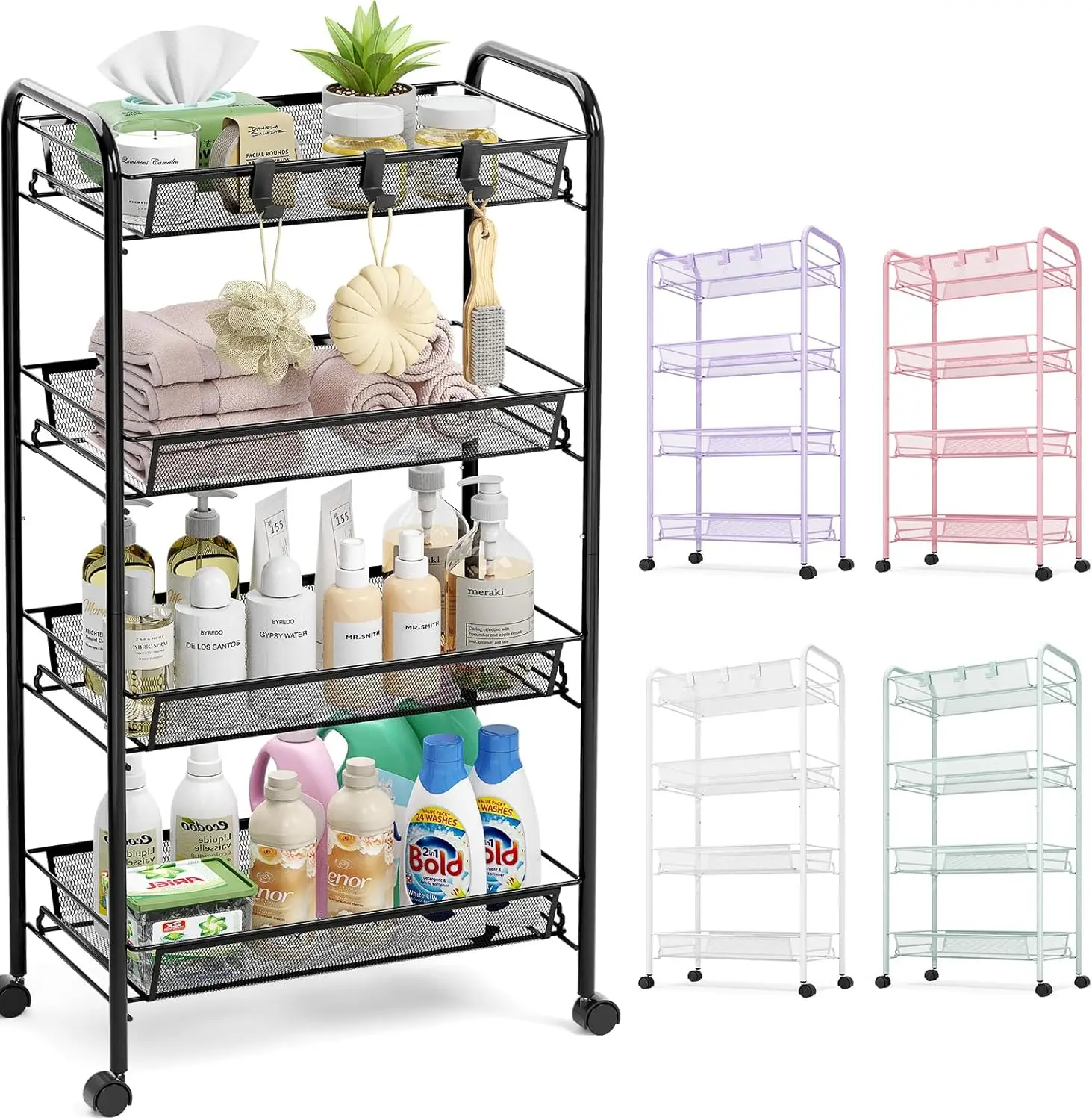 

4-Tier Rolling Cart with 3 Hooks, Metal Utility Trolley for Kitchen, Bathroom, Laundry Room